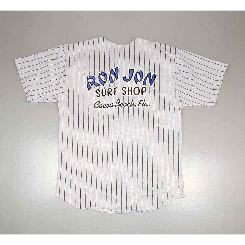 Ron Jon Surf Shop Baseball Jersey Mens Large. Vintage Pin Striped Cocoa Beach FL